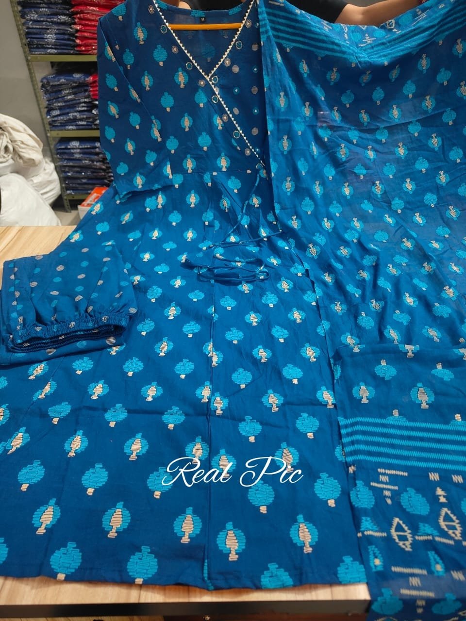 Embroidered Angrakha Anarkali Cotton Suit Set